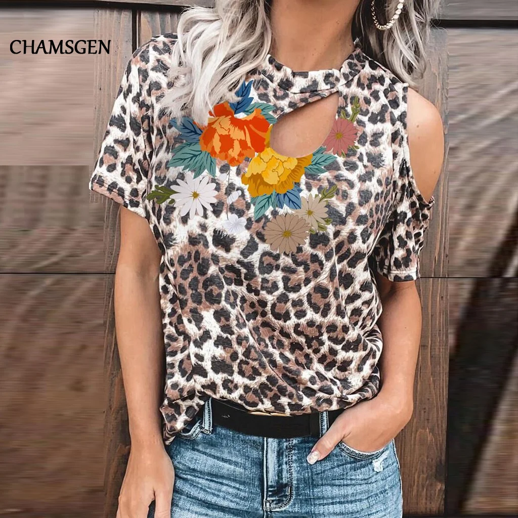 Женские летние топы CHAMSGEND Модные леопардовые футболки с коротким рукавом и