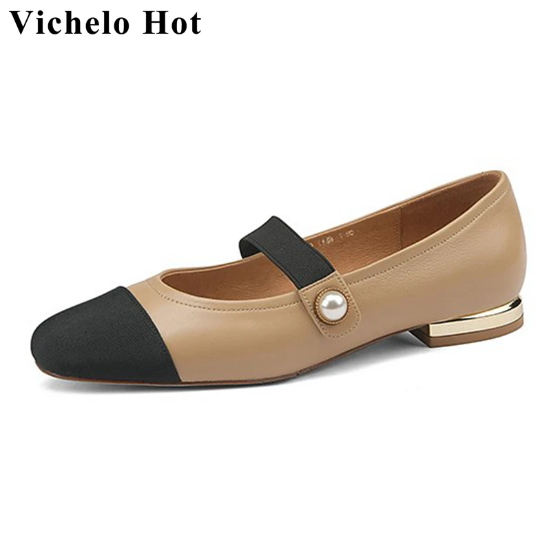 

Vichelo Hot spring metal decorations sheep skin mixed colors loafers round toe comfort strange low heels pearl button pumps l70