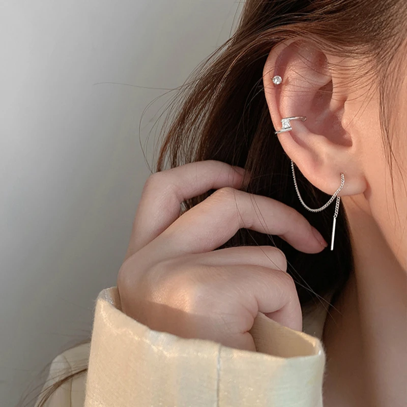 

Simple Style Silver Color Geometry Lightning Long Tassels Chain Earring Inlaid Zircon Ear Cuff Clip On Earring For Girl Gift