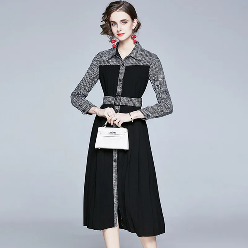New 2021 Spring Casual Plaid Patchwork Dresses Black Turn Down Collar
