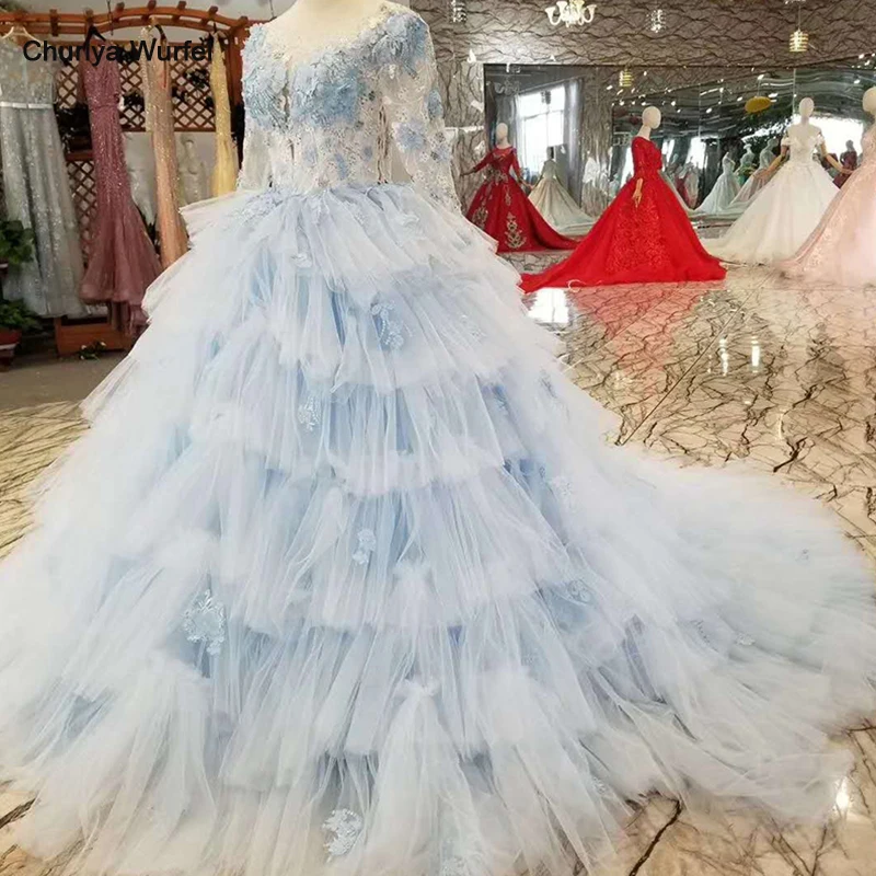 LSS157 Светло-Голубые Вечерние платья сказочное платье с круглым вырезом и длинными рукавами из тюля, с объемным цветком, нарядное платье для девочек более слойное