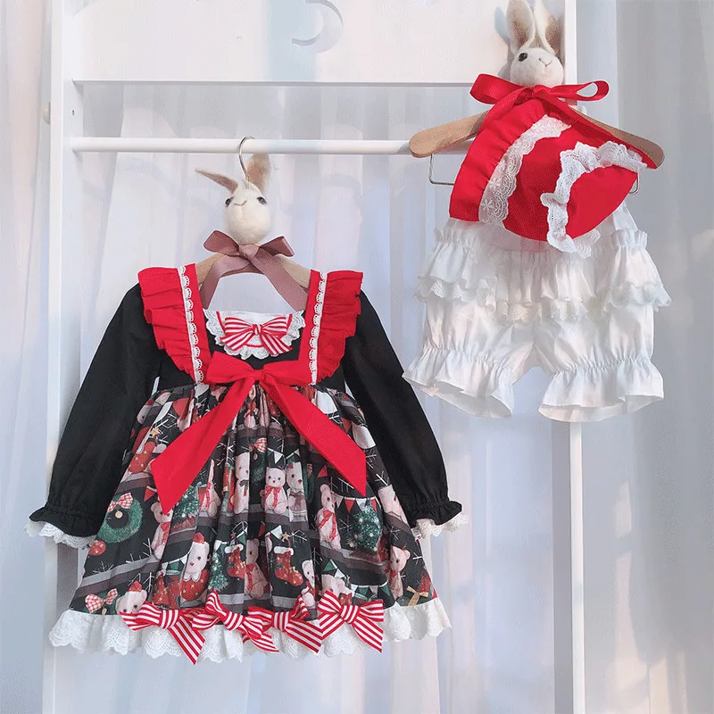 3 шт. для маленьких девочек Осень Зима Медведь Винтаж дворец испанский наряд для Бала Лолита платье для девочек Рождественская вечеринка