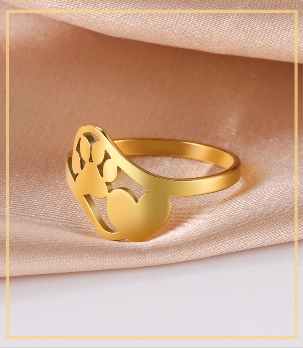 Cute Dog Paw with Heart Rings for Girls Stainless Steel Ring Jewelry - PeticaDeals