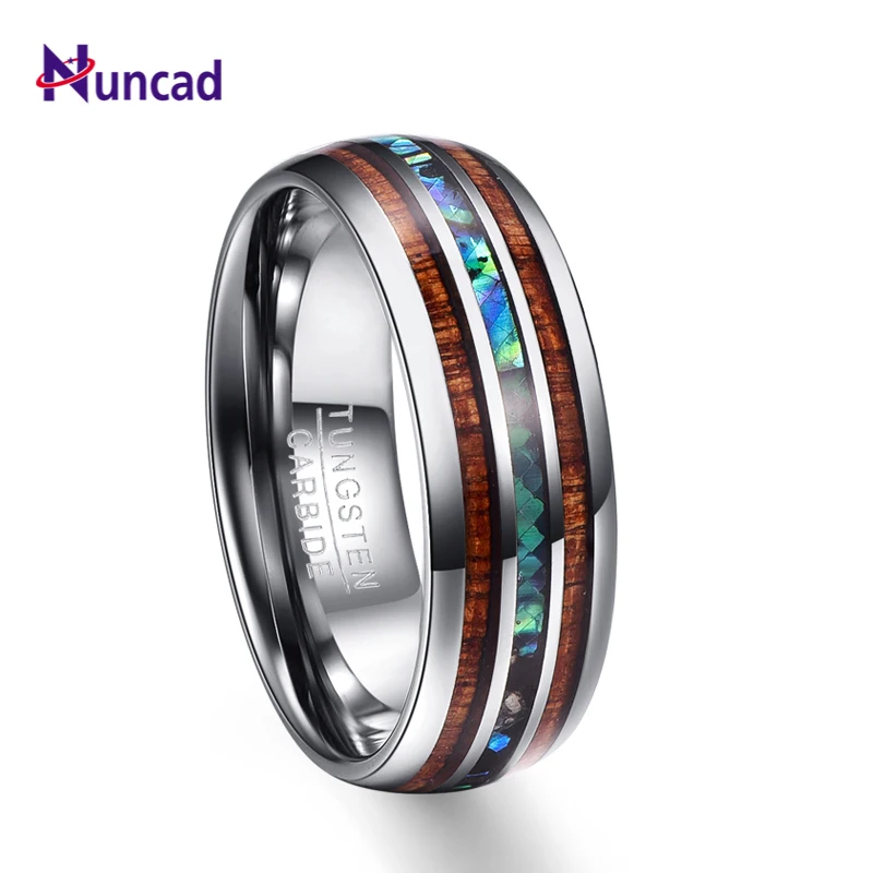 Baratos Nuncad 8mm madera hawaiana Koa y concha de abulón anillos de carburo de tungsteno anillos de boda para hombres comodidad talla 5 14