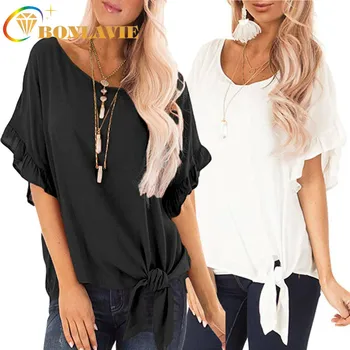 

Summer 2019 New Women's Fashion Shirt Hem Knot Loose Type Round Collar Short Ruffle Sleeve Solid Color Women's Casual T-shirt