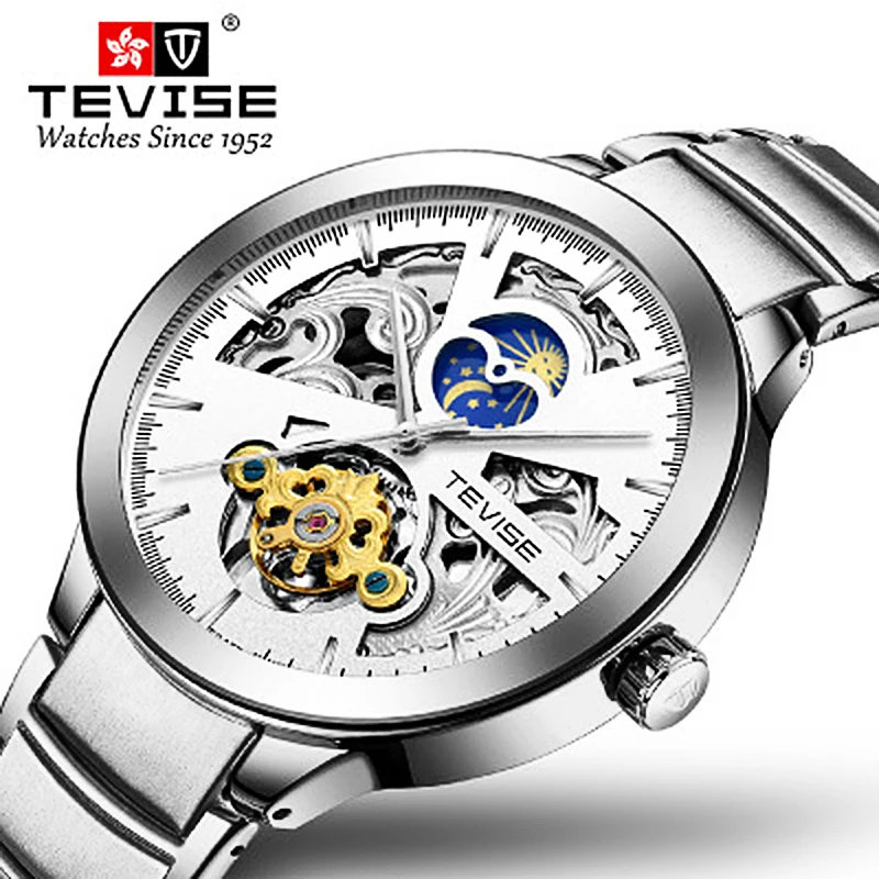 

Top Brand Tevise Silver Skeleton Unique Fashion Automatic Mechanical Watch Stainless Steel Waterproof Watch Relogio Masculino