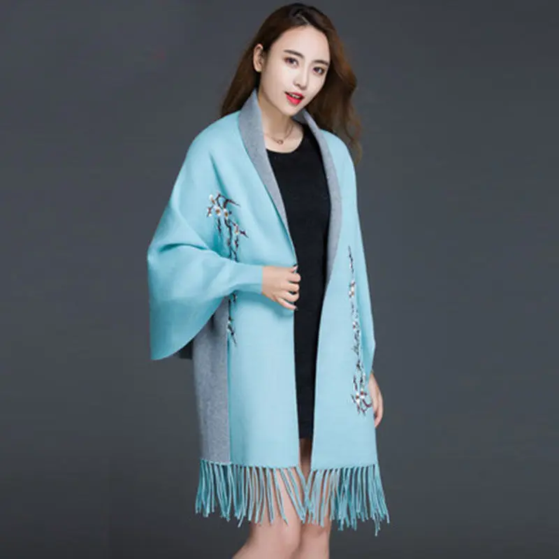 Вязаное Женское пальто cheongsam, шаль, новинка, осенний и зимний шарф с бахромой, двойное использование, длинный толстый мягкий плащ - Цвет: Небесно-голубой