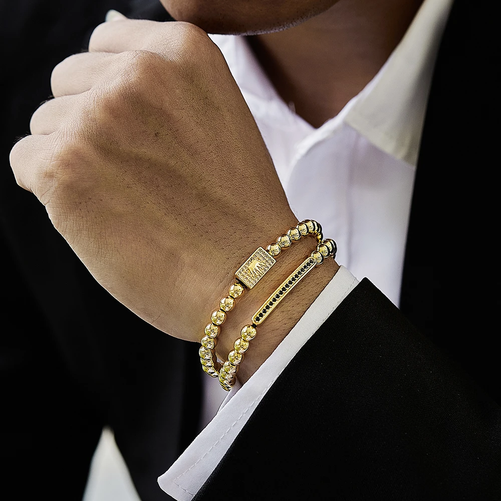 Long-Tube Bead Bracelet Jewelry Charm Braided Crown Macrame Gift Gold-Color Men for Pave