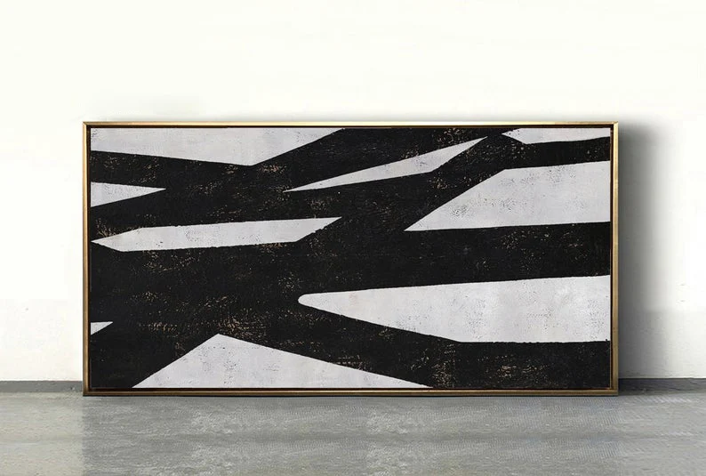 

Large Geometric Art Horizontal Painting Wall Art Canvas Painting, Modern Art Black White Minimalist Art
