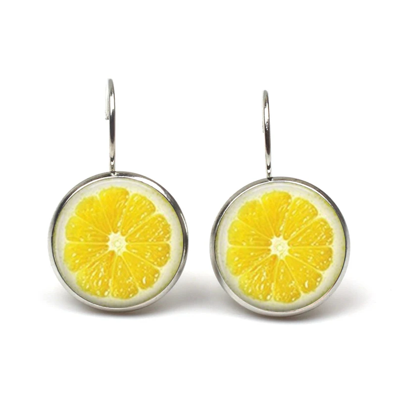 Lemon Slice Earrings Cherry Red Stud Dangle Earring Fruits Jewelry Glass Cabochon drop Earrings