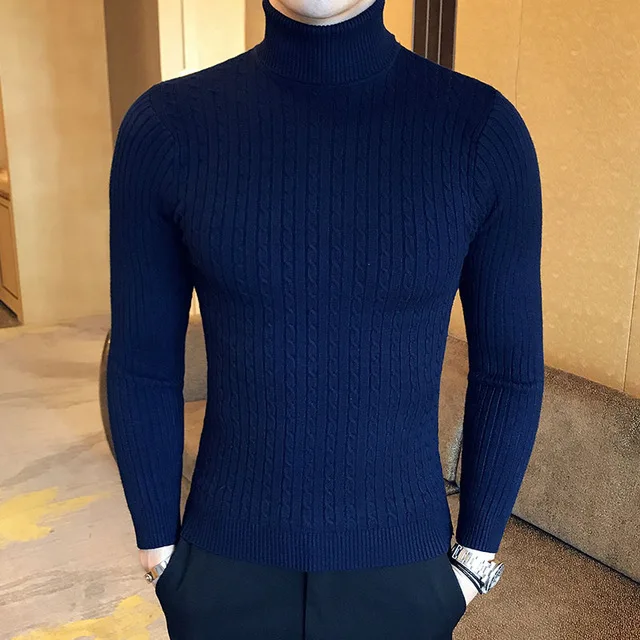 С бесплатным подарком, зима, мужские свитера с высоким воротом и пуловеры, новая мода, Однотонный свитер, Повседневный хлопковый пуловер для мужчин, 2051 - Цвет: TETE-DL102-Blue