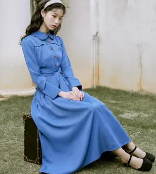 

2020 Spring New Arrival Retro Peter Pan Collar Collect Waist Solid Color Women Chiffon Long Dress