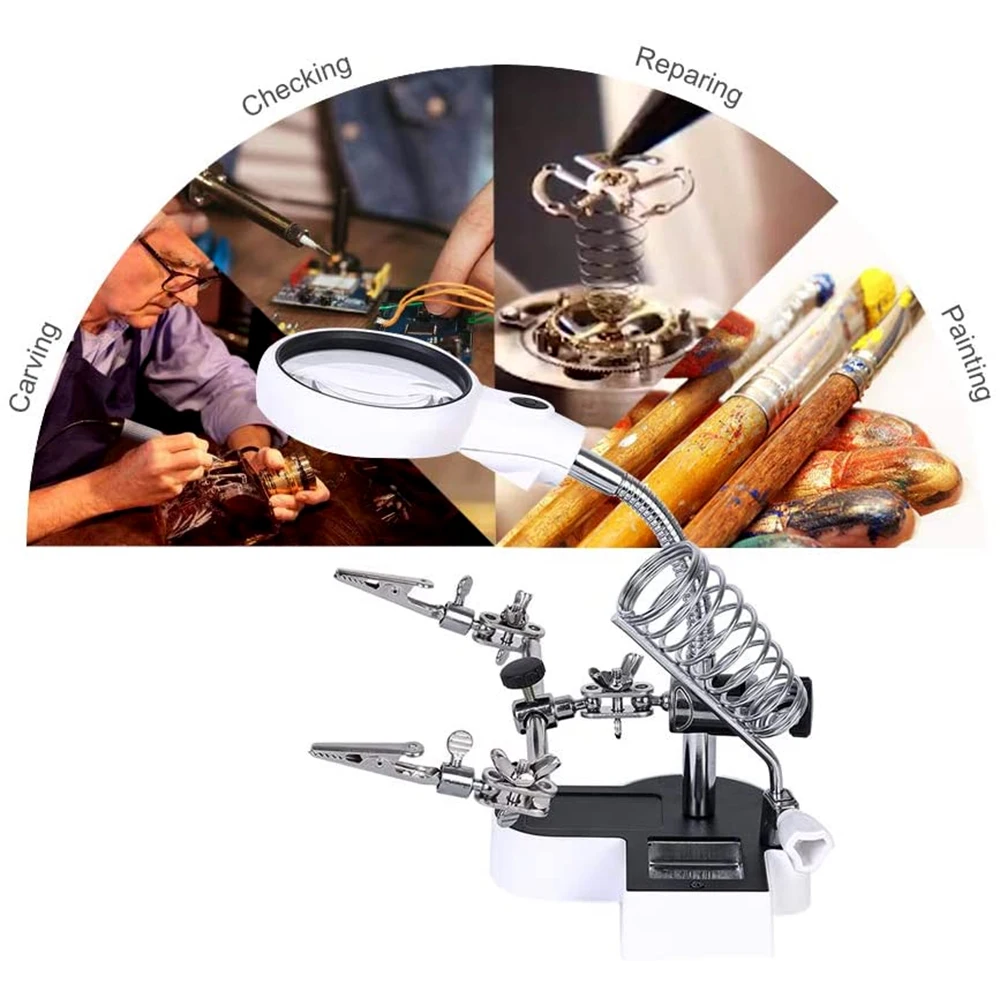 Soldering Iron Welding Magnifying Glass 2 LED 3X 4.5X 25X Helping Hand Rework Magnifier with 3 Tools Boxes Desk Station Repair