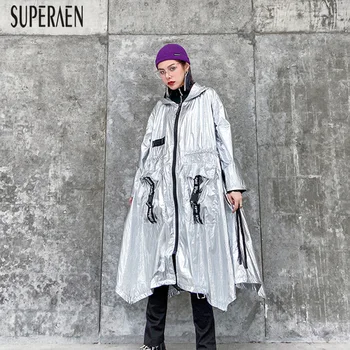 

SuperAen Trench Coat for Women Fashion Pluz Size Hooded Spring and Autumn New 2020 Zipper Wild Casual Women Clothing