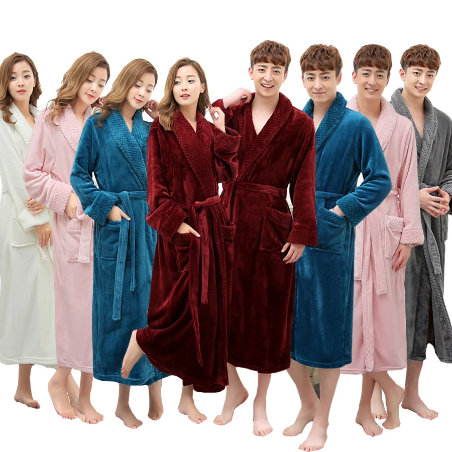 mens pjs sale On Sale Men Women Luxury Winter Bathrobe Mens Warm Silk Flannel Long Kimono Bath Robe Male Bathrobes Lovers Night Dressing Gown mens silk pajamas