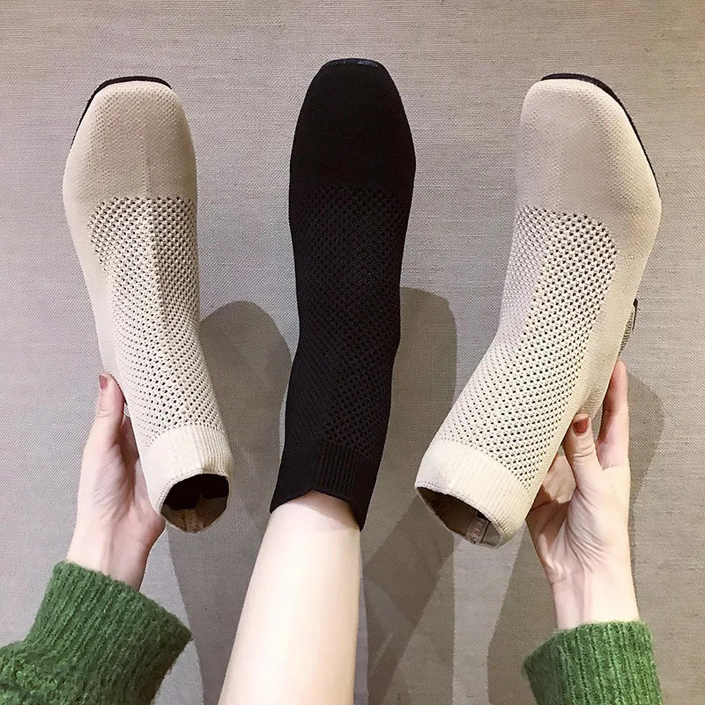 

Fashion Women Boots 2019 Solid Color Stretch Fabric Square Heels Zipper Shoes Ladies Booties Casual Square Toe Ankle Short Boots