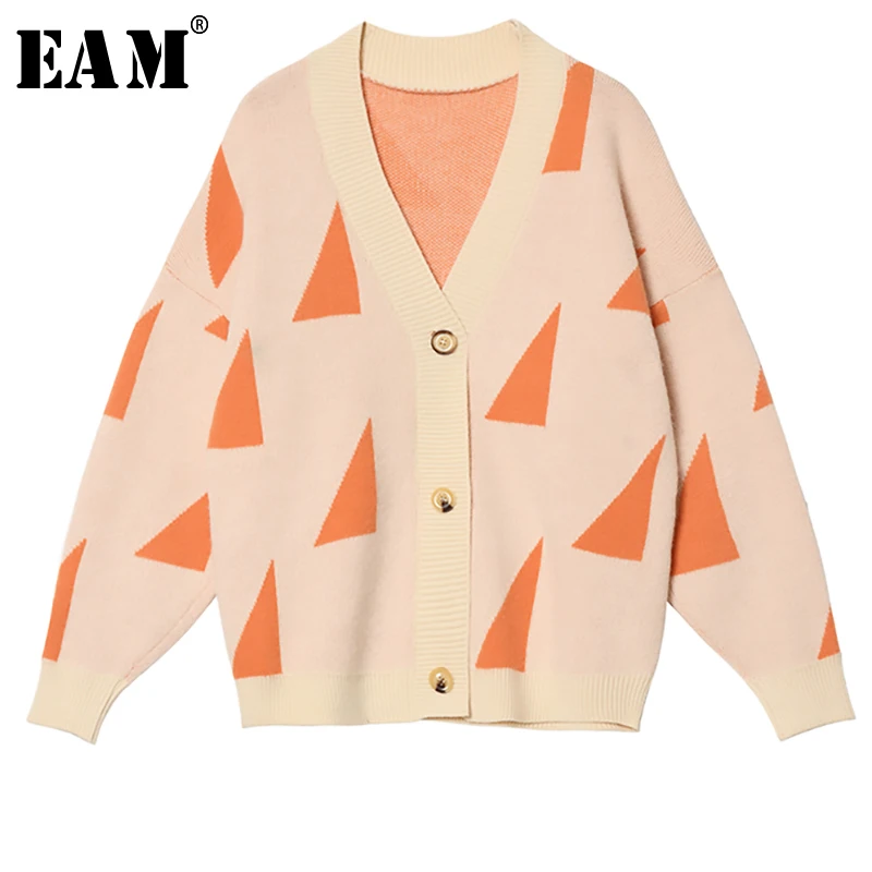 

[EAM] Contrast Color Button Knitting Open Stitch Loose Fit V-Neck Long Sleeve Women New Fashion Tide Autumn Winter 2019 1A652