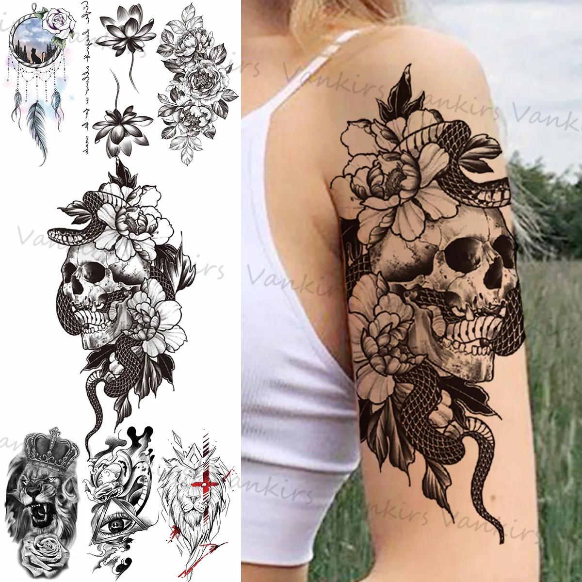 Flower Skull Snake Tatuaggi Temporanei Per Donna Uomo Dream Catcher Mountain Lion Lotus Fake Tattoo Sticker Arm Body Tatuaggi 3D
