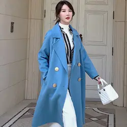 Длинные шерстяные кашемировые пальто для женщин 2019 осень зима женские куртки плюс размер пальто Королевский синий двусторонний твид