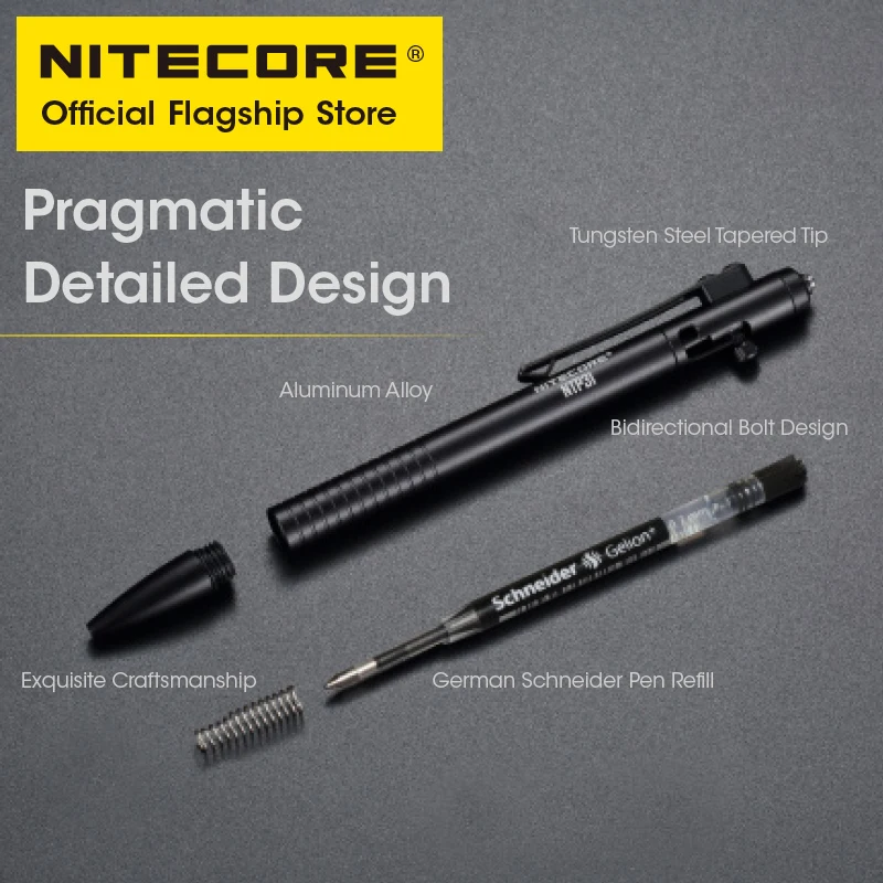 Nitecore NTP31 CNC 양방향 볼트 액션 전술 펜 자기 방어 볼펜 + 텅스텐 강철 테이퍼 팁 유리 차단기