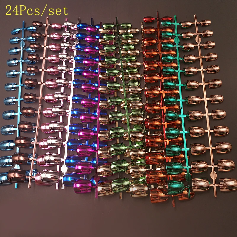 

24pcs/set UV Metal Plated Short False Nails Full Cover Stiletto Coffin Fake Nails Tips Nail Art Decorations Nail Makeup UVnail