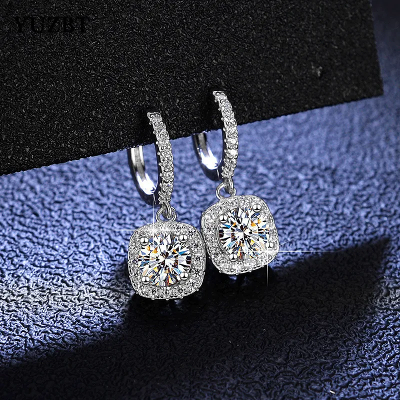 YUZBT 18K White Gold Plated Total 2 ct Brilliant Cut Square Gemstone Drop Earrings Diamond Test Past D Color Moissanite Earrings