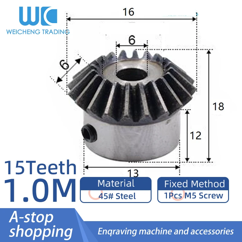 1pcs 1Modulus 1M15T Bore Diameter 6mm Silver 15 Teeth 45 Steel Tapered Bevel Gear Wheel Top Screws Transmission Parts