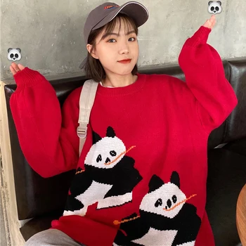 

New Cute Panda Sweater Female 2020 Autumn Sweater Women Harajuku Cartoon Sweater Loose Round Neck Long Sleeve Kint Sweater