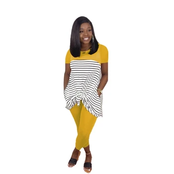 

Women Sets Summer Tracksuits Short Sleeve Striped Print Tops+Pants Suit Two Piece Set Night Club Outfits