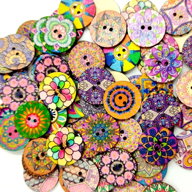 100 Stücke Retro Runde Holzknöpfe DIY Hand-Nähprozess Druck Holzspäne 15/20/25mm Zwei-Loch-Knopf für Kleidung Dekoration – Detail 5