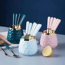 Golden Tableware Marbled Ceramic Cutlery Set Storage Tank Gold Spoon and Fork Set Mirror Coffee Fork Dinner Set