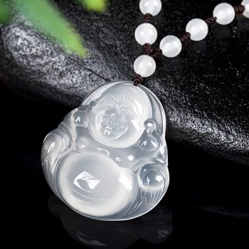 

Wholesale Natural Ice White Chalcedony Pendant Women's Agate Jade Buddha Pendant Sweater Chain Maitreya Buddha Necklace