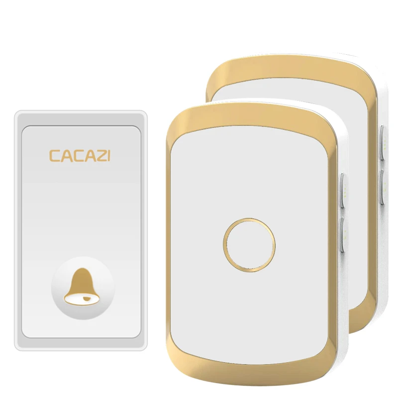 1 button 2 receiver CACAZI автономный водонепроницаемый беспроводной дверной звонок без кнопки батареи 200 м дистанционный светодиодный светильник Домашний Беспроводной дверной звонок с европейской вилкой 36 Chime - Цвет: 1 button 2 receiver
