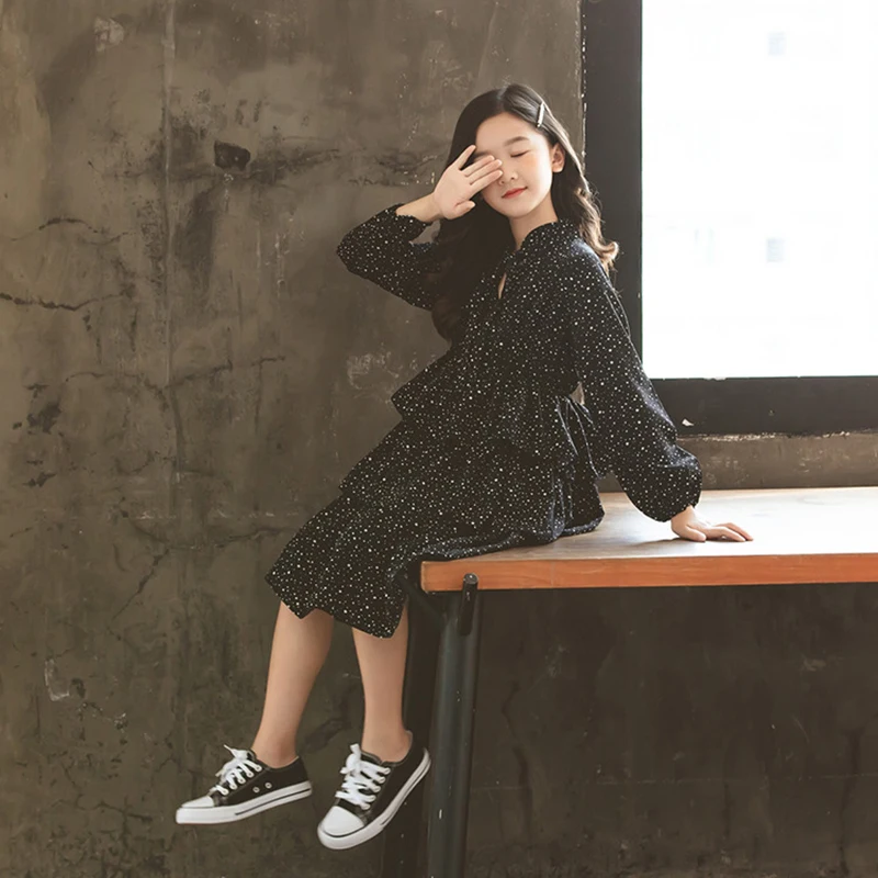 Новинка года, стильное осенне-зимнее платье для маленьких девочек милое платье принцессы в горошек для девочек Модное детское базовое платье для девочек#8133