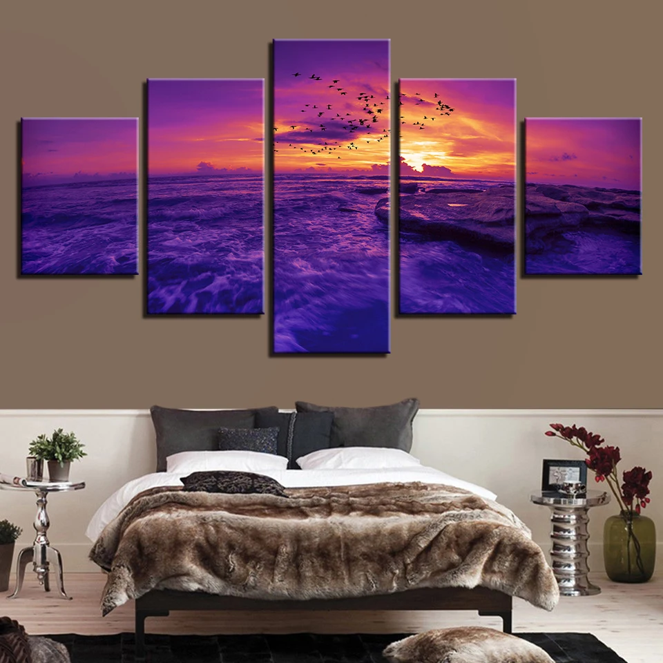 

Modular Print Home Decor 5 Pcs Purple Sky Birds Sunset Sea Wave Landscape Canvas Painting Room Wall Art Poster(No Frame)