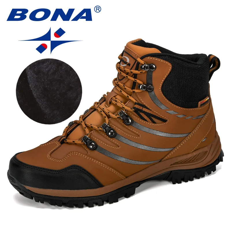 BONA/осенне-зимние походные ботинки из яловичного спилка; Плюшевые треккинговые ботинки для альпинизма; уличные спортивные зимние ботинки; кроссовки - Цвет: Light brown black