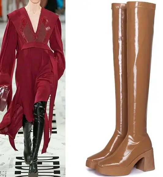 

Moraima Snc Roudn Toe Over the Knee Woman Boots Thick Heels Thigh high Boots Runway Black Leather Riding Boots