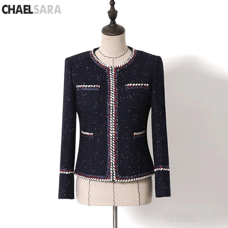 Dark blue Новая дизайнерская Роскошная модная твидовая куртка с круглым вырезом и длинным рукавом, тонкая женская куртка - Цвет: Dark blue