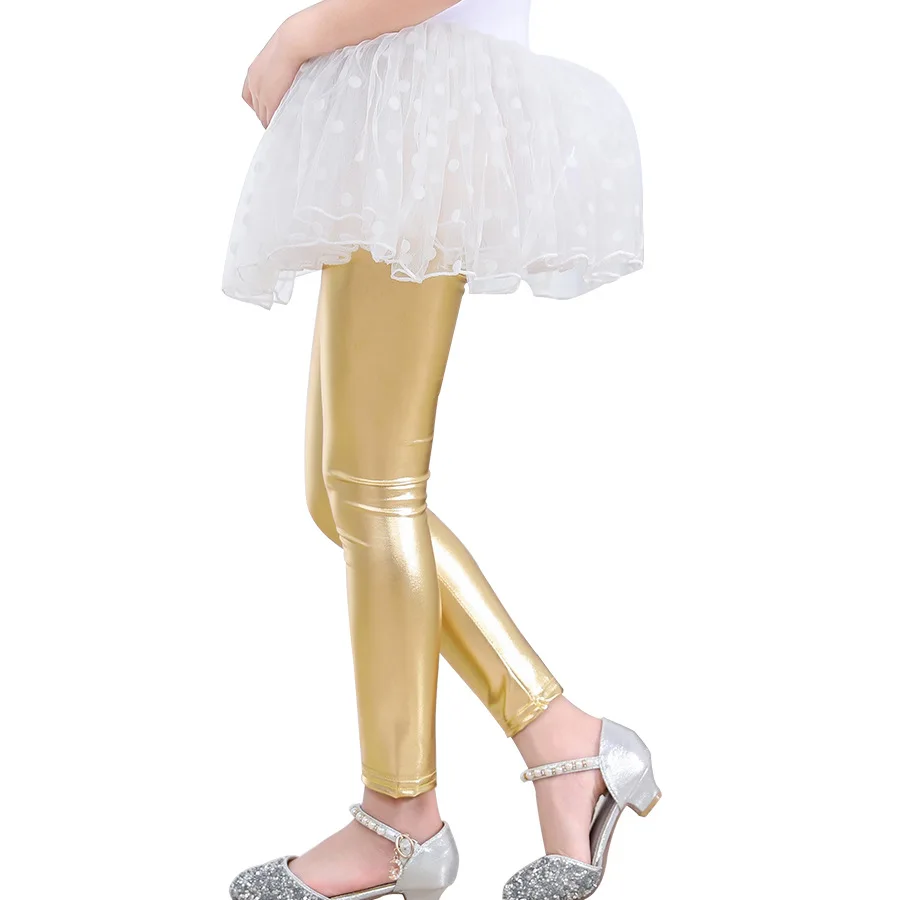 Spring And Summer Korean Star Metal Texture Children's Leggings Skinny Girls Pants Gold Silver Pants
