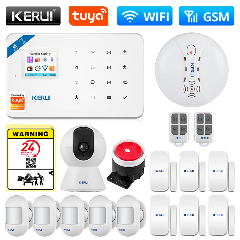 KERUI Tuya Smart WIFI GSM Security Alarm System Works With Alexa Home Burglar Motion Detector Smoke Door Window Sensor IP Camera elderly sos alarm Alarms & Sensors