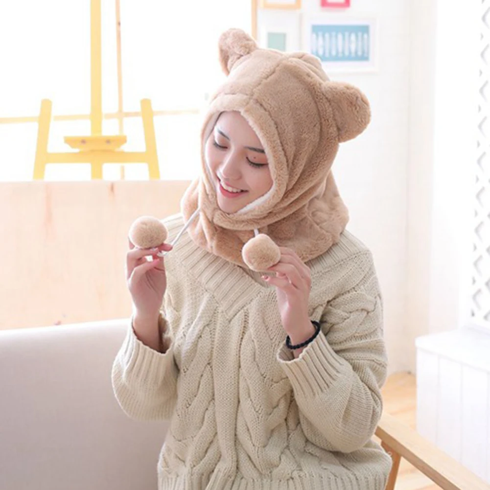 Winter Girl Pompom Warm Scarf Hat Earflap Beanie Hood Cap with Ear Photo Props