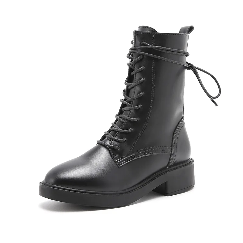Leather Martin booties ladies plush fur british motorcycle snow botas winter creepers cross-tied mid high boots women shoes