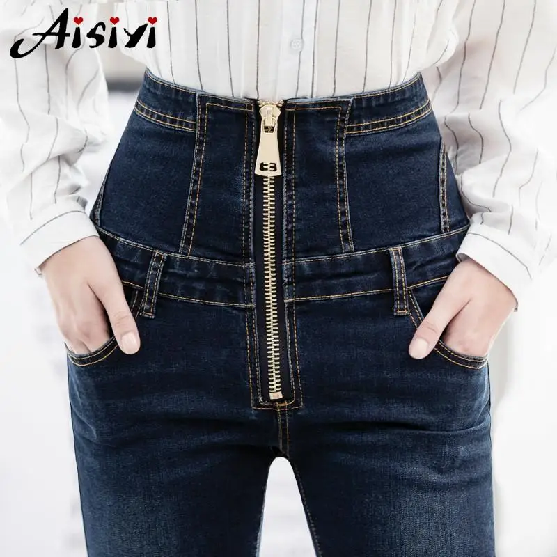 Женские джинсы на молнии эластичные брюки с высокой талией облегающие теплые