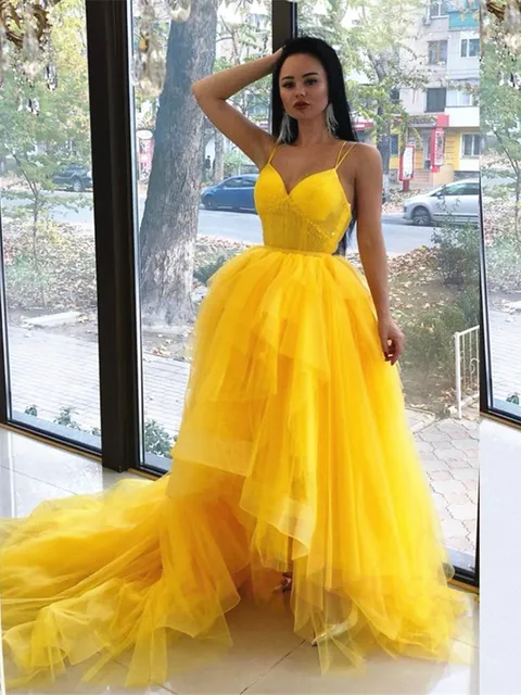 Janevini Elegant Golden Yellow Prom Dresses Beaded Short Front Long Back  Tiered Tulle Straps Backless Party Gown Vestaglia Donna - Prom Dresses -  AliExpress