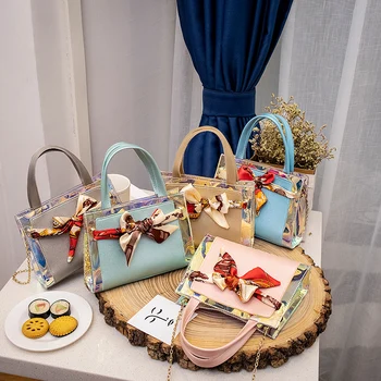 

Women Fashion PU PVC Patchwork Crossbody Bags Chains Bow Scarves Shoulder Bag Ladies Party Flap Handbags 2020 New