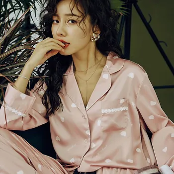

Women Spring & Summer Turn-down Collar Simple Style Pajamas Set Fresh Style Heart Print Lace Sleepwear Soft Silk Satin Homewear