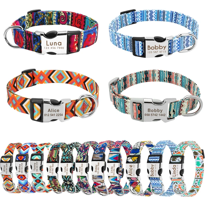 Personalized Dog Cat Collar Engraved Name ID Adjustable Nylon Puppy Collars Chihuahua Pug Dogs Collars