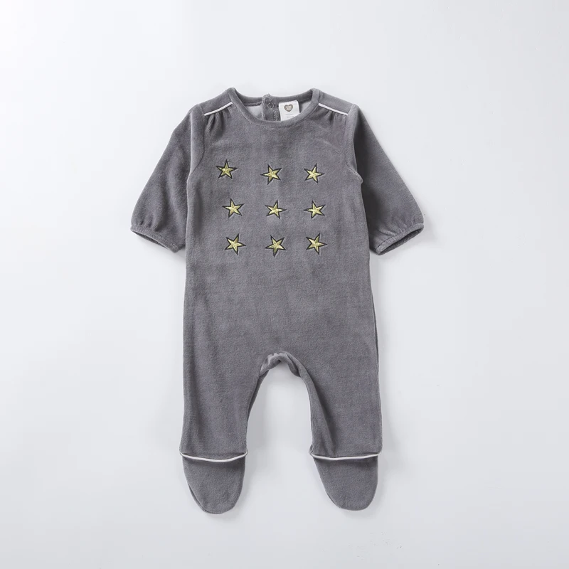Baby-Strampler mit langen Ärmeln, Neugeborenen-Overall, Kinderkleidung für Jungen und Mädchen, graue Kleidung, Baby-Velours-Winter-Strampler mit Krone – Detail 5