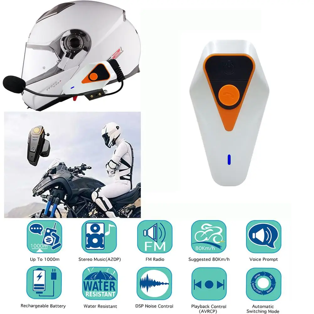 

DSstyles IPX5 1000m Waterproof Motorcycle Helmet Bluetooth Wireless Headset Handsfree Motorcycle Bluetooth Intercom