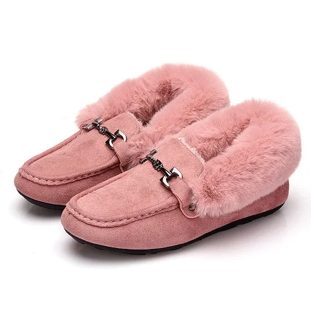 BANGJIAO/зимние женские лоферы; коллекция года; модные мокасины без застежки из искусственной замши; теплые мягкие однотонные водонепроницаемые мокасины; меховая обувь на плоской подошве - Цвет: Розовый